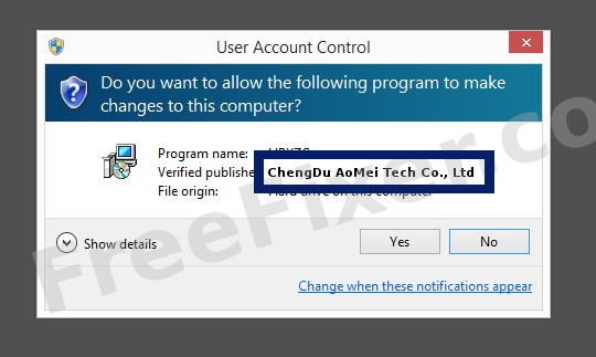 Screenshot where ChengDu AoMei Tech Co., Ltd appears as the verified publisher in the UAC dialog
